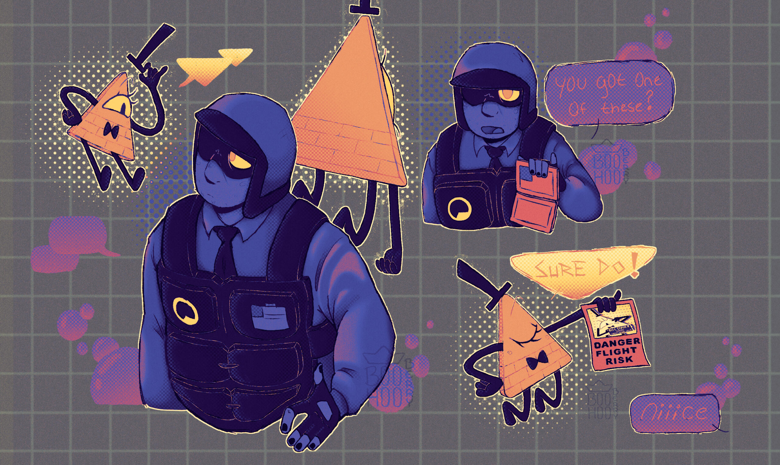 a short crossover comic between Bill Cipher, from Gravity Falls, & Benrey, from HLVR:AI. Their interaction is vaguely similar to Benrey's first interaction with Gman.