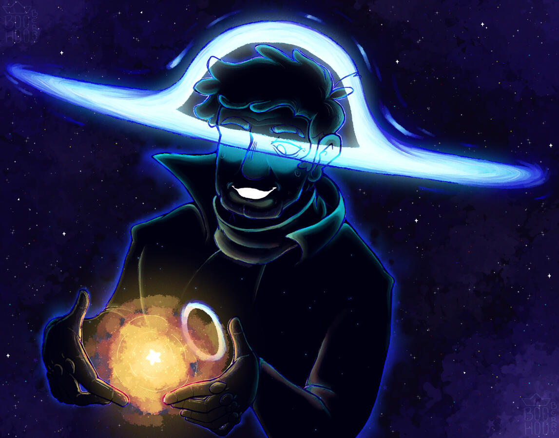 A painting of an alternate version of an AU version of Stanford Pines; Megalomaniac Ford by Orxinus as a supernova. He cups an alternate version of Bill Cipher; a small glowing star.