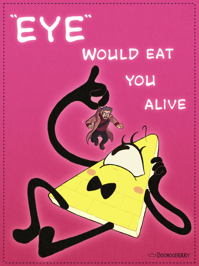 In the style of the Valentine's cards in the Book of Bill; a pink card of Bill Cipher holds a tiny Stanford Pines by the nape of his coat, dangling him above his eye and leaning back to look up at him.